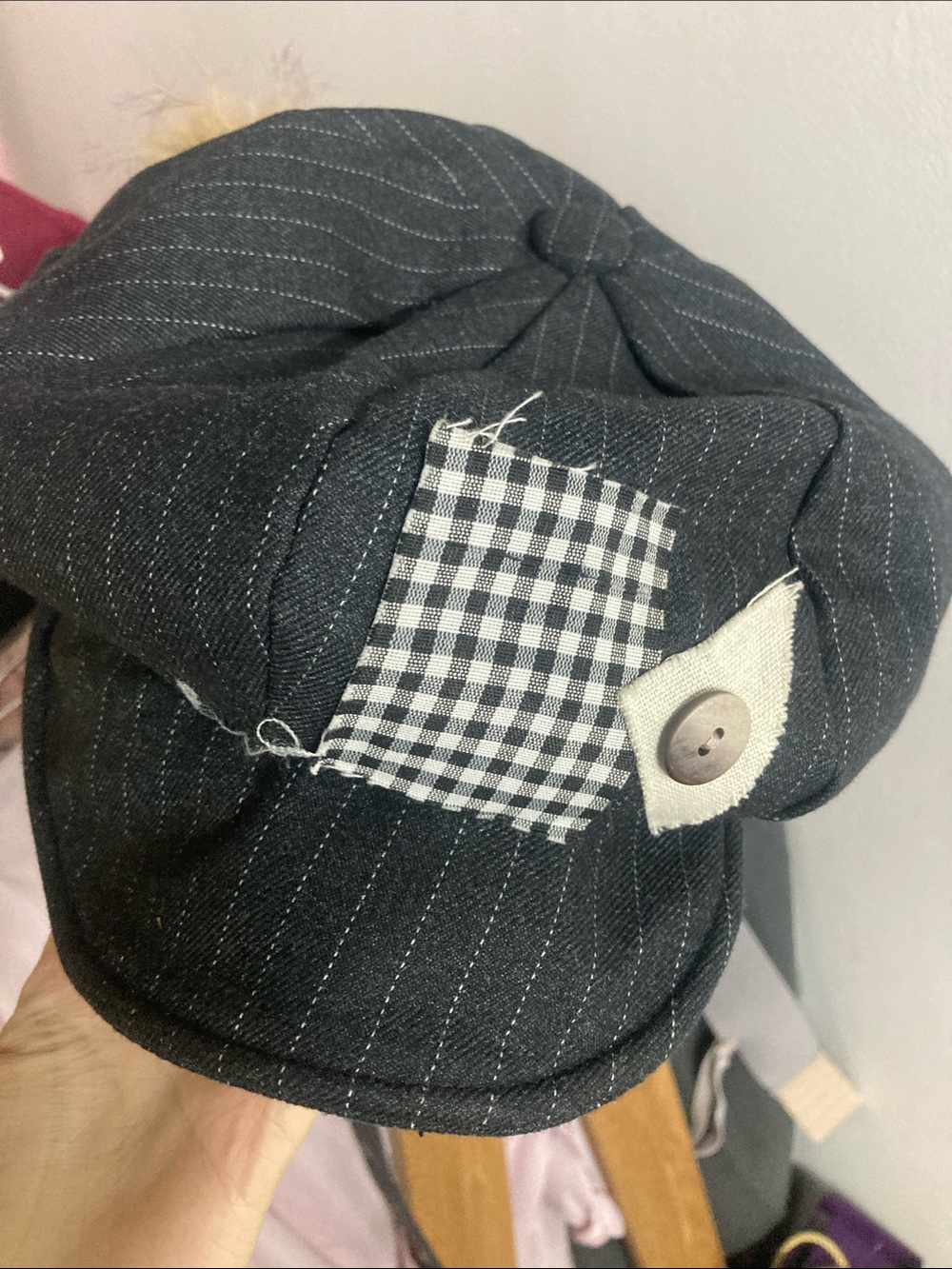 Black Pinstripe Women's Newsboy Cap with Patch & Button Detail
